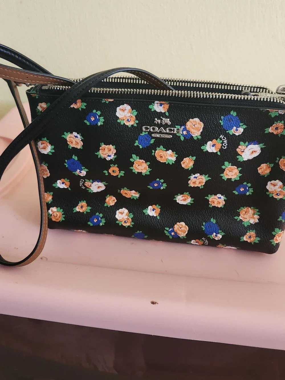 Coach Black Floral Zip Wristlet with Orange & Blue Flowers